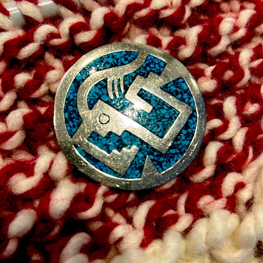 Alpaca Mexico Silver Vintage Pendant/Pin with Turquoise Inlay